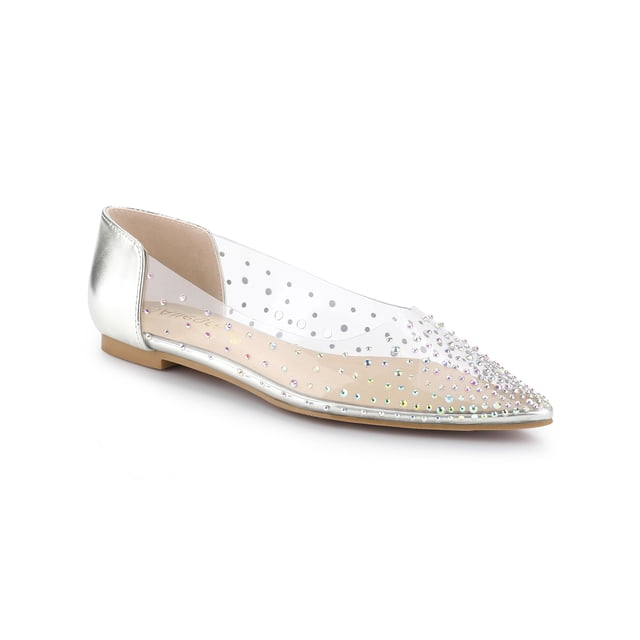 BLISSFUL STEP Women's Casual Shoes Pointy Toe Clear Rhinestone Ballet Flats Silver 10