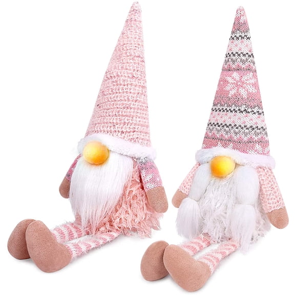 Pink Christmas Valentine Gnomes Decorations, 2Pack Handmade Swedish Tomte Gnome with LED Lighting Nose Scandinavian Figurine Pink Gnomes Plush Elf Valentines Day Decor Long Leg