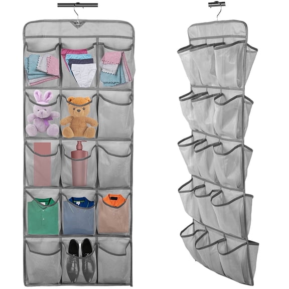 Fkszll Hanging Shoe Organizer, Double-Side Hanging Closet Storage Shelves with Rotating Hanger, Hanging Shoe Storage Bag Caddy Shoe Storage Rack Holder, 30 Large Pockets Grey