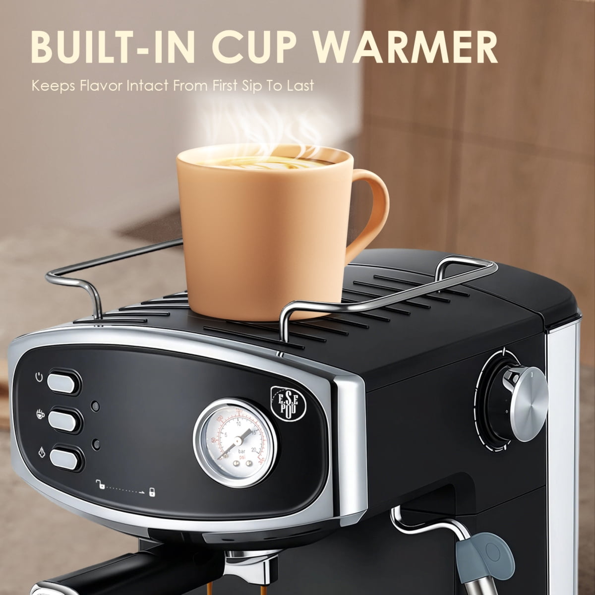 Plum Chef 20 Bar Compact Espresso Machine with Steam Wand, 54oz Water Tank, Low Noise Home Coffee Maker Black