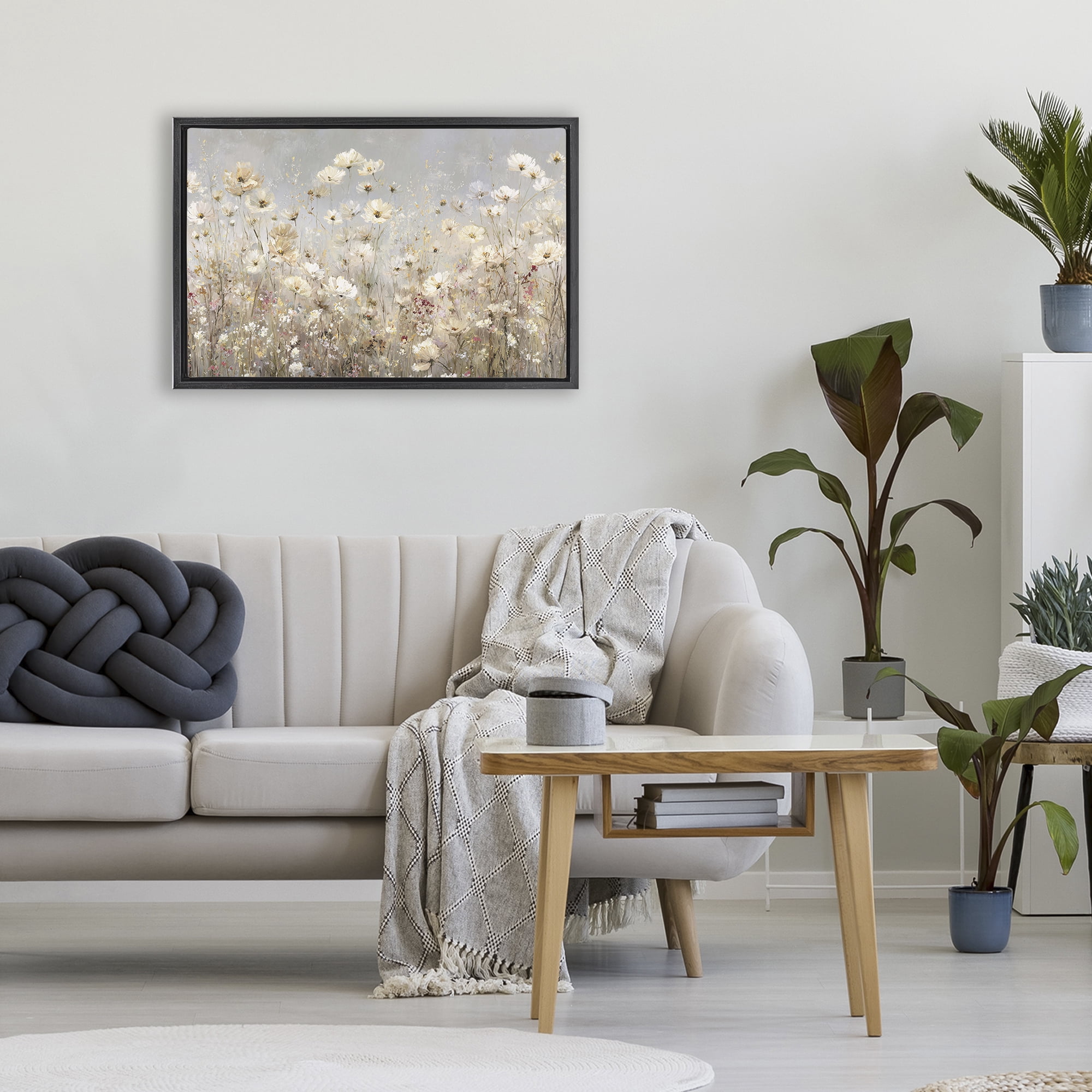 Stupell Industries White Daisy Clusters Meadow Black Framed Floater Canvas Wall Art, design by Jacky Ngan