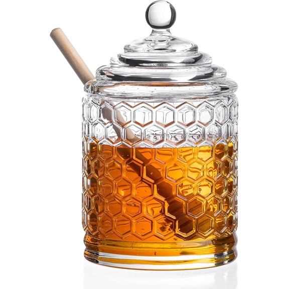 Royalty Art Glass Honey Pot with Beehive Lid and Wooden Honey Dipper Clear Glass Honey Jar Dispenser for Kitchen Counter Dining and Breakfast Table Serving