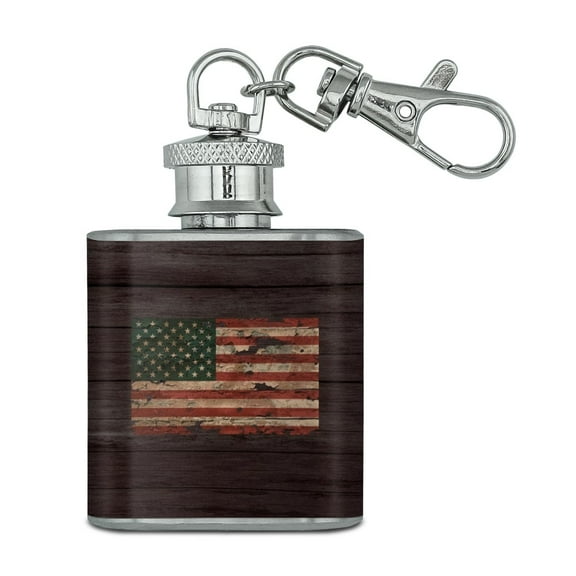 Rustic American USA Flag Distressed Stainless Steel 1oz Mini Flask Key Chain
