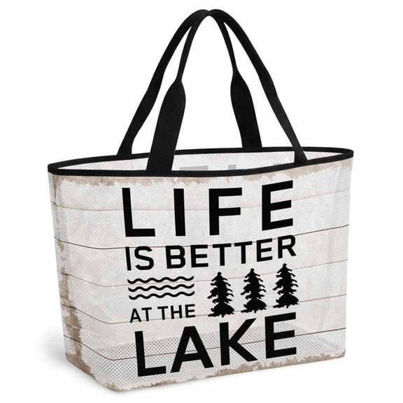 Life Is Better at The Lake Beach Bag for Women,Large Breathable Mesh Beach Tote Bag,Rustic Black Artistic Aesthetics Sandproof Lightweight Travel Bags for Vacation Picnic Pool 15.7"x15.7"x9.1"