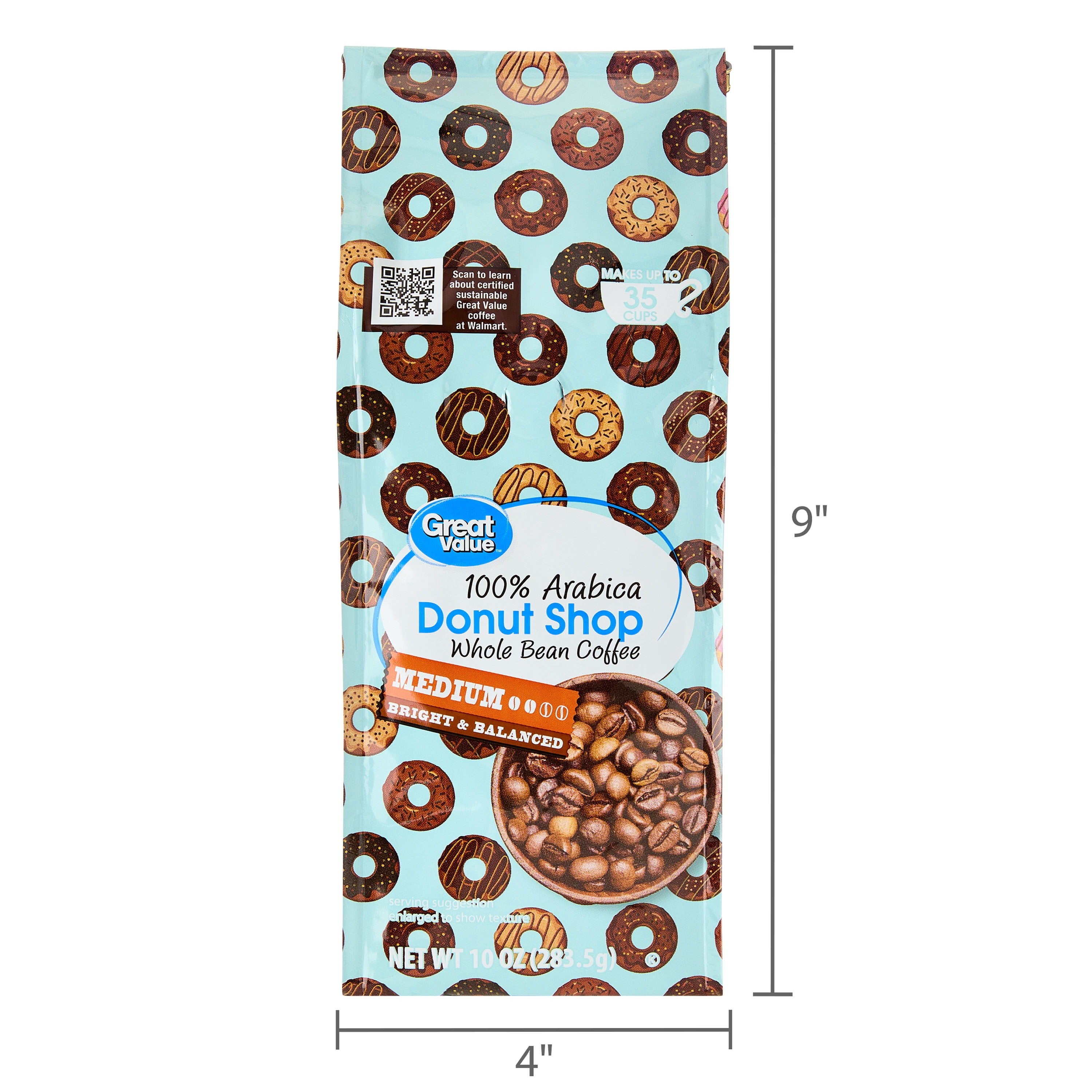 Great Value Donut Shop Whole Bean Coffee, Medium Roast, 10 oz