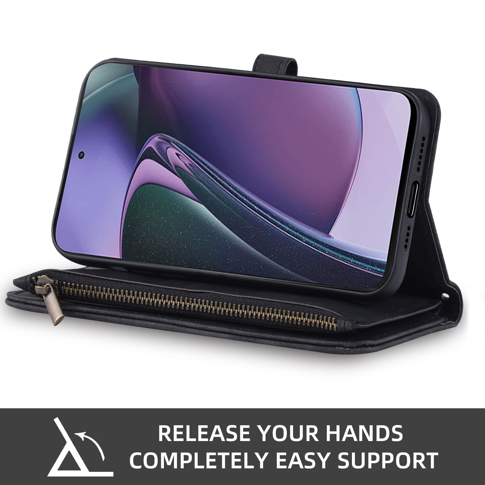 Asuwish Phone Case for Motorola Moto G Stylus 5G 2023 Wallet Cover With Tempered Glass Screen Protector Crossbody Wrist Strap Flip Pattern Zipper Card Holder Cell GStylus G5 XT2317DL XT2315-5 Black