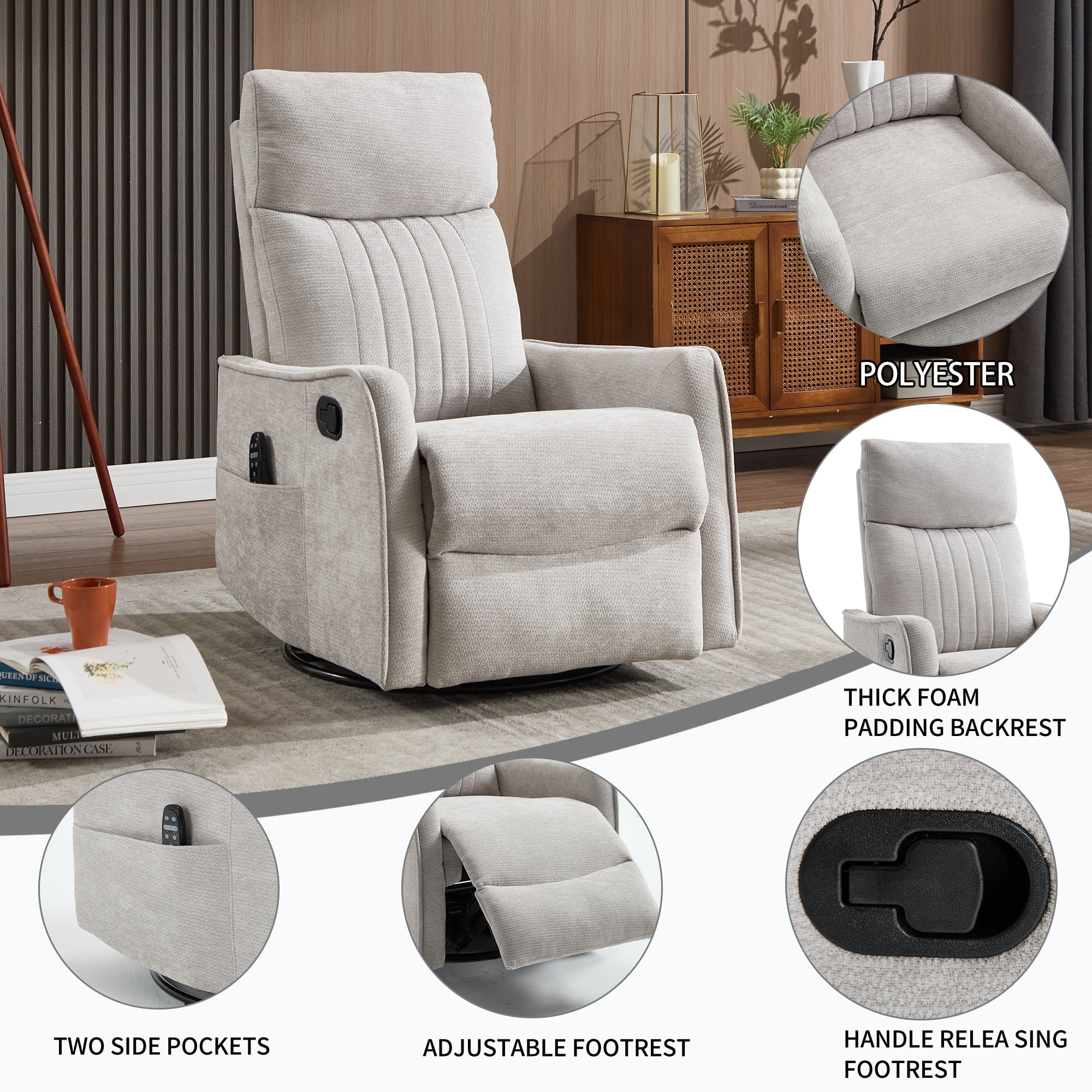 Leumius Manual Swivel Rocker Recliner Chair for Adults,Overstuffed Reclining Glider Chair with Vibration Massage & Heat,Upholstered Recliners with Side Pockets for Living Room,Light Gray Chenille