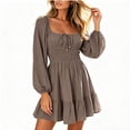 thumbnail image 2 of Karymi Sundress Square Neck Long Puff Sleeve Dress, Solid Color Tie Front Smocked Waist Ruffle Hem A-Line Mini Dress, Casual Flowy Swing Short Dress Spring Dresses, 2 of 6