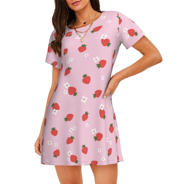 Disketp Strawberry Floral para Camisón Corto de Manga Corta para Mujeres, Camisón Cómodo con Escote Redondo, Bonito y Confortable