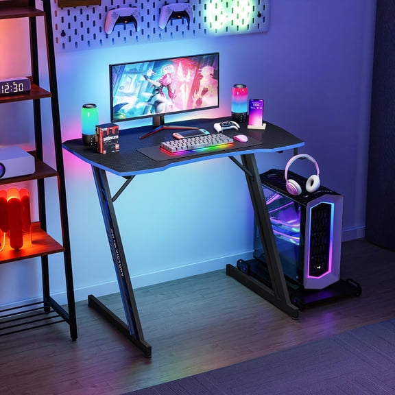 CL.HPAHKL 35 inch Gaming Desk, Z Shaped PC Computer Desk Gaming Table with Headphone Hook, Ergonomic Gaming Workstation PC Desk for Game Players, Blue