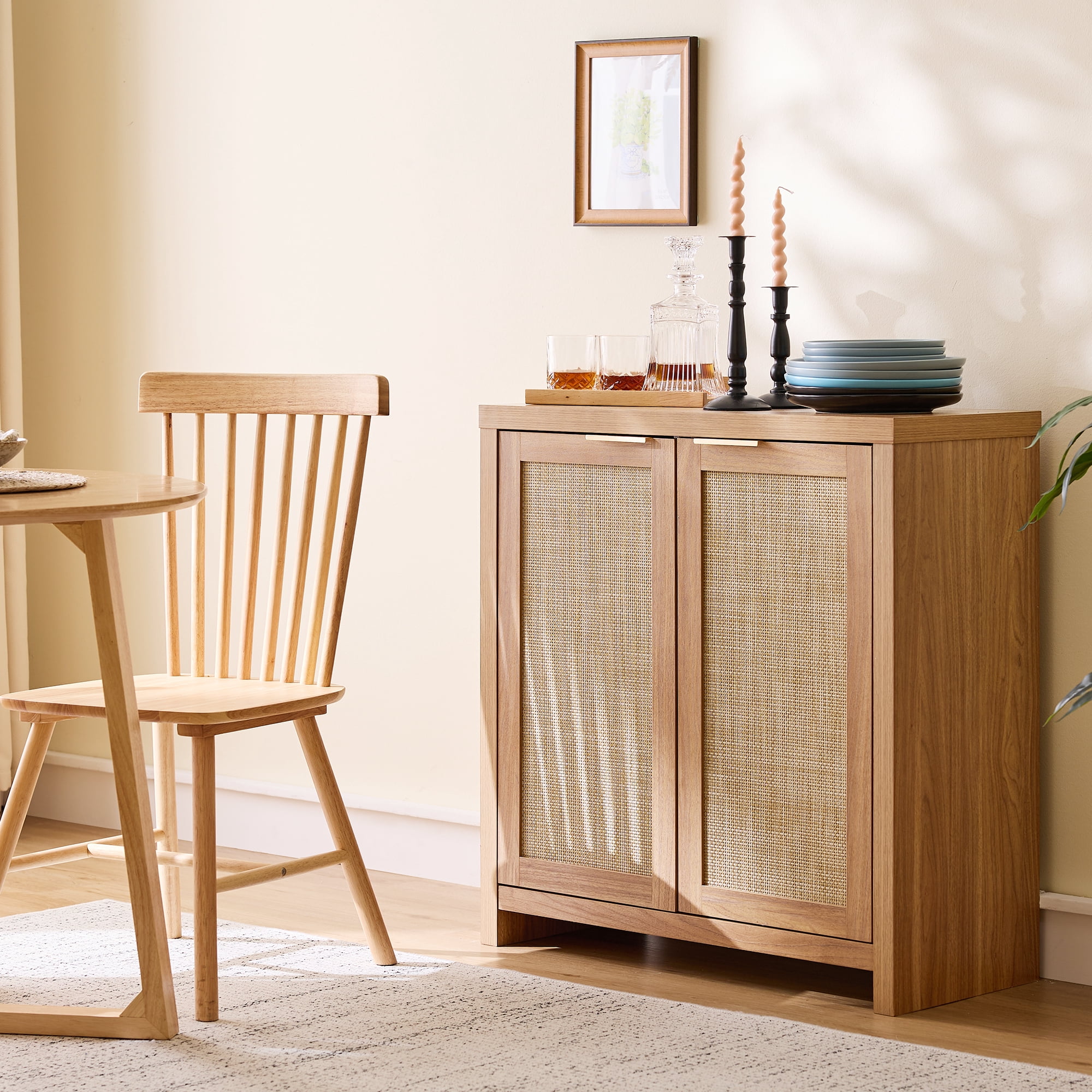 ARKANTOS Sideboard Buffet Cabinet with Large Storage, Boho Rattan Coffee Bar Cabinets with Adjustable Shelves, Buffet Console Table for Kitchen Living Room Hallway, Oak