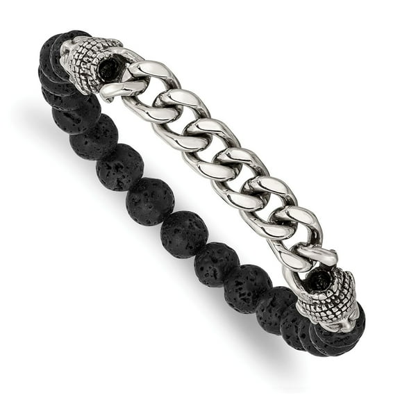 Primal Steel Stainless Steel Antiqued and Polished Buddha Lava Stone Beaded Stretch Bracelet