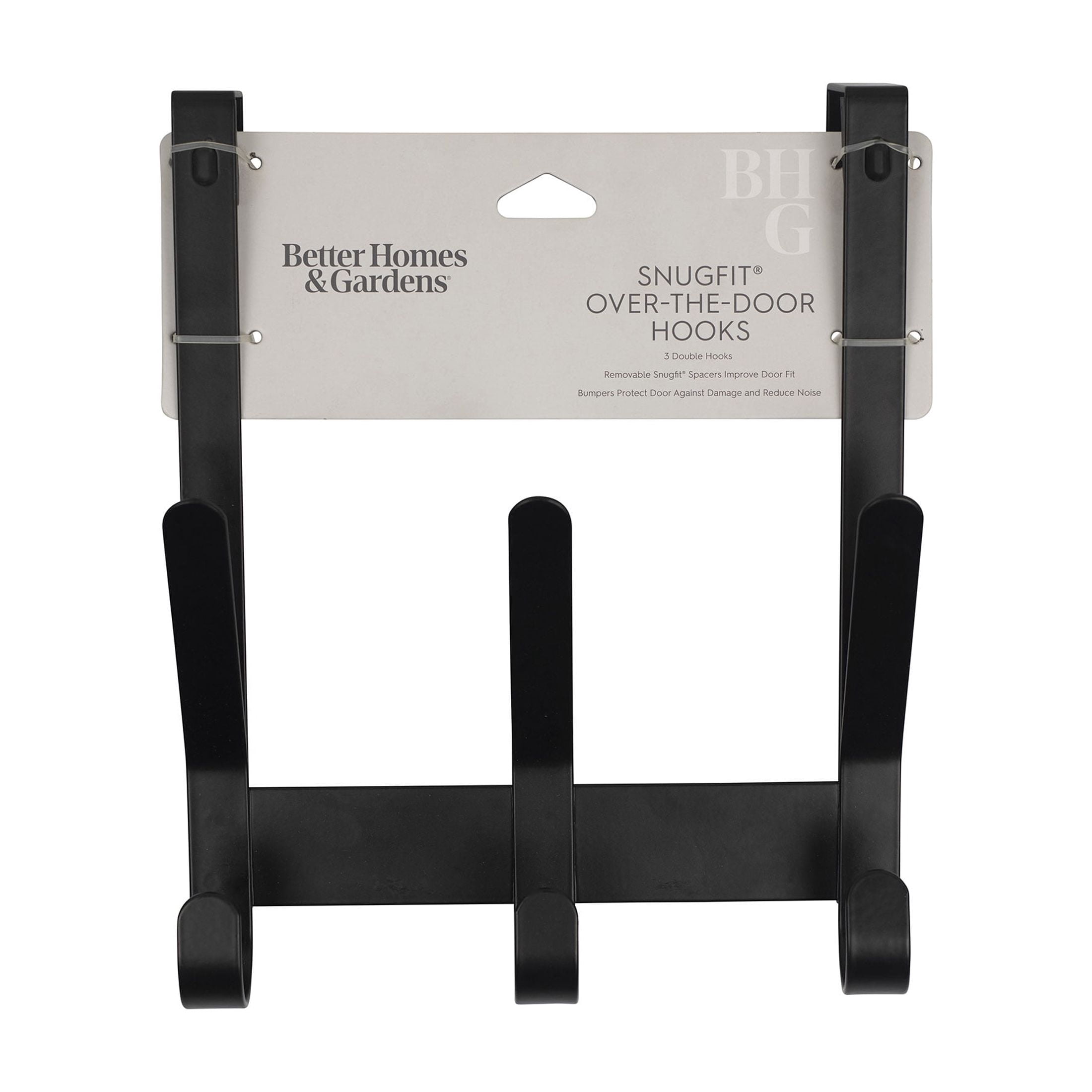 Better Homes & Gardens SnugFit Over-the-Door Hook Rack – 3 Double Hooks, Matte Black Steel