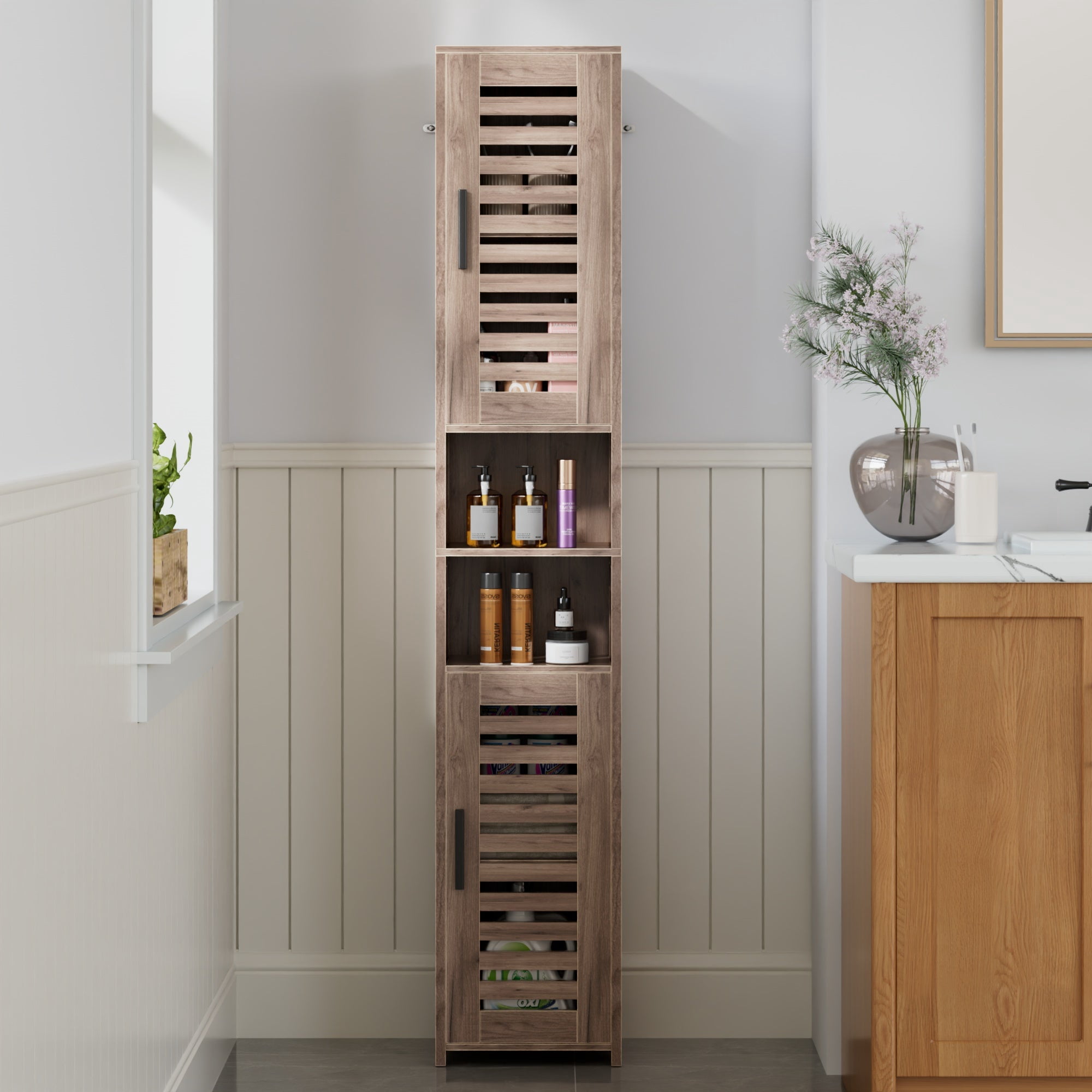 VECELO 67" Tall Bathroom Storage Cabinet, Slim Narrow Bathroom Cabinet Organizer with Doors and Adjustable Shelves, for Small Space, Living Room, Kitchen, Light Brown
