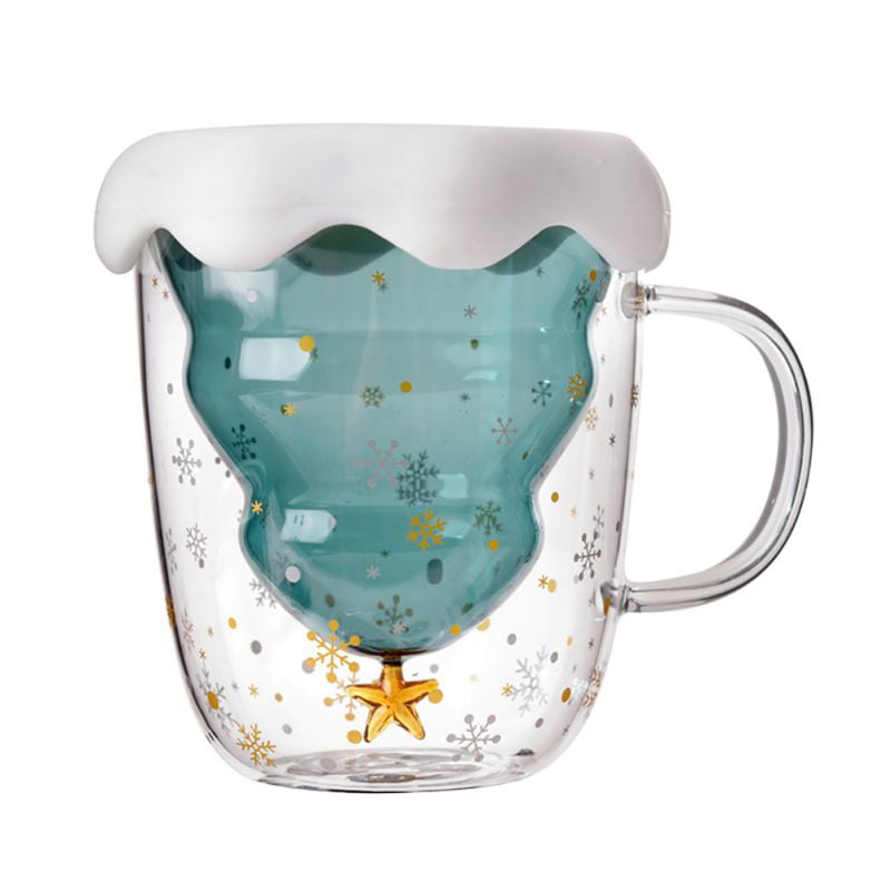 2020 NEW Creative Gift Christmas Tree Double Glass with lid Coffee Mug Milk Cup