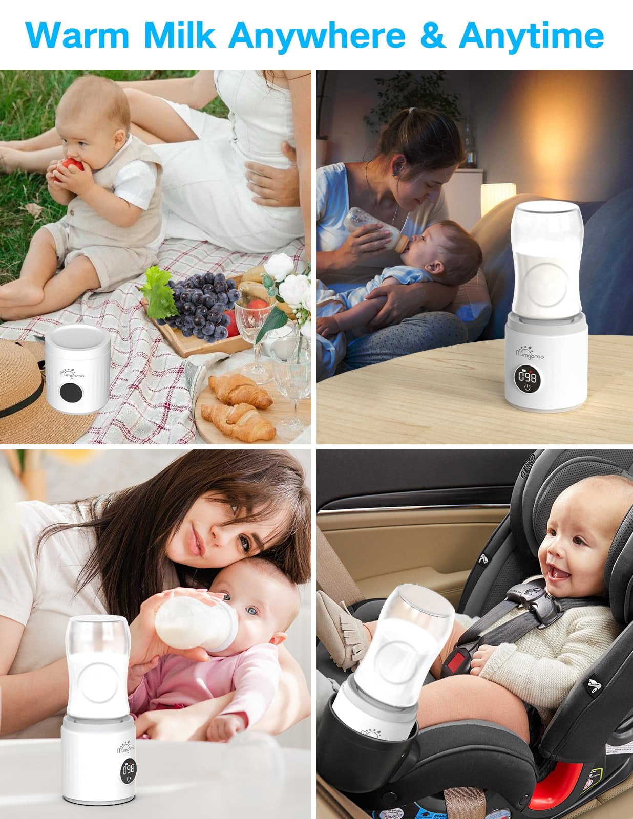 Bottle Warmer, Portable Bottle Warmer for Travel with 4 Adapters, LED Real-time Display & Rechargeable & Precise Temperature Control Travel Bottle Warmer for All Bottles Breastmilk & Formula
