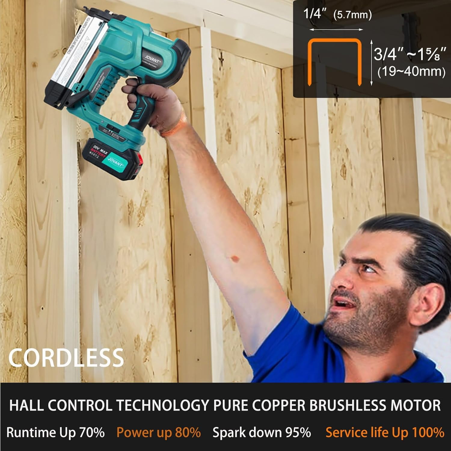 Cordless Brad Nailer with 2-Max Batteries & Charger, 2" Length Nails -18GA 1/4" Narrow Crown Staples,Nail Gun Battery Powered,Staple Gun with 800pcs Staples & Nails(Jovant)