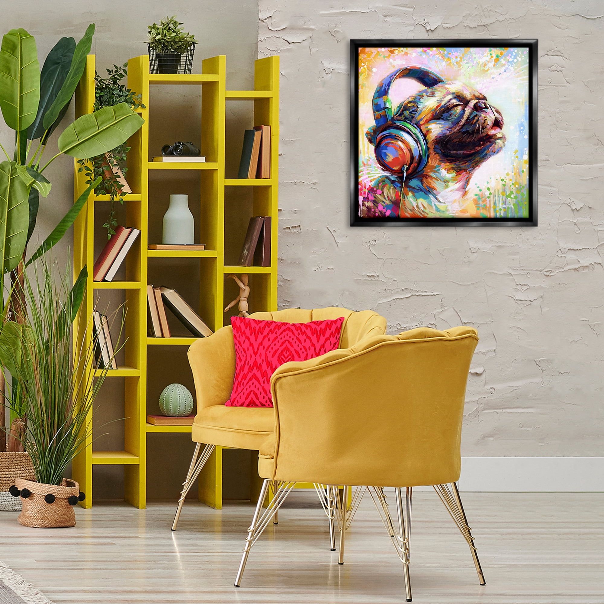 Stupell Industries Blissful Music Pug Animals & Insects Painting Black Floater Framed Canvas Art Print Wall Art, 25 x 25