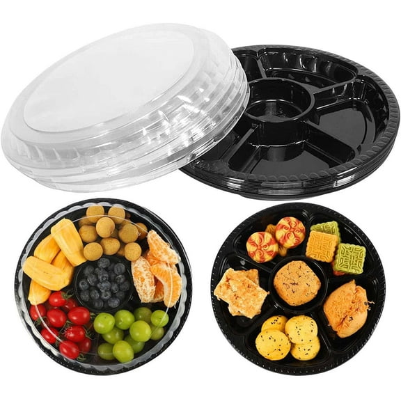 10 Pcs Round Appetizer Serving Tray with Lids, 6 Divided Serving Tray, MODANU Disposable Food Storage Containers, Plastic Tray Storage, Snack, Vegetable Fruit Plastic Trays for Party and Buffet