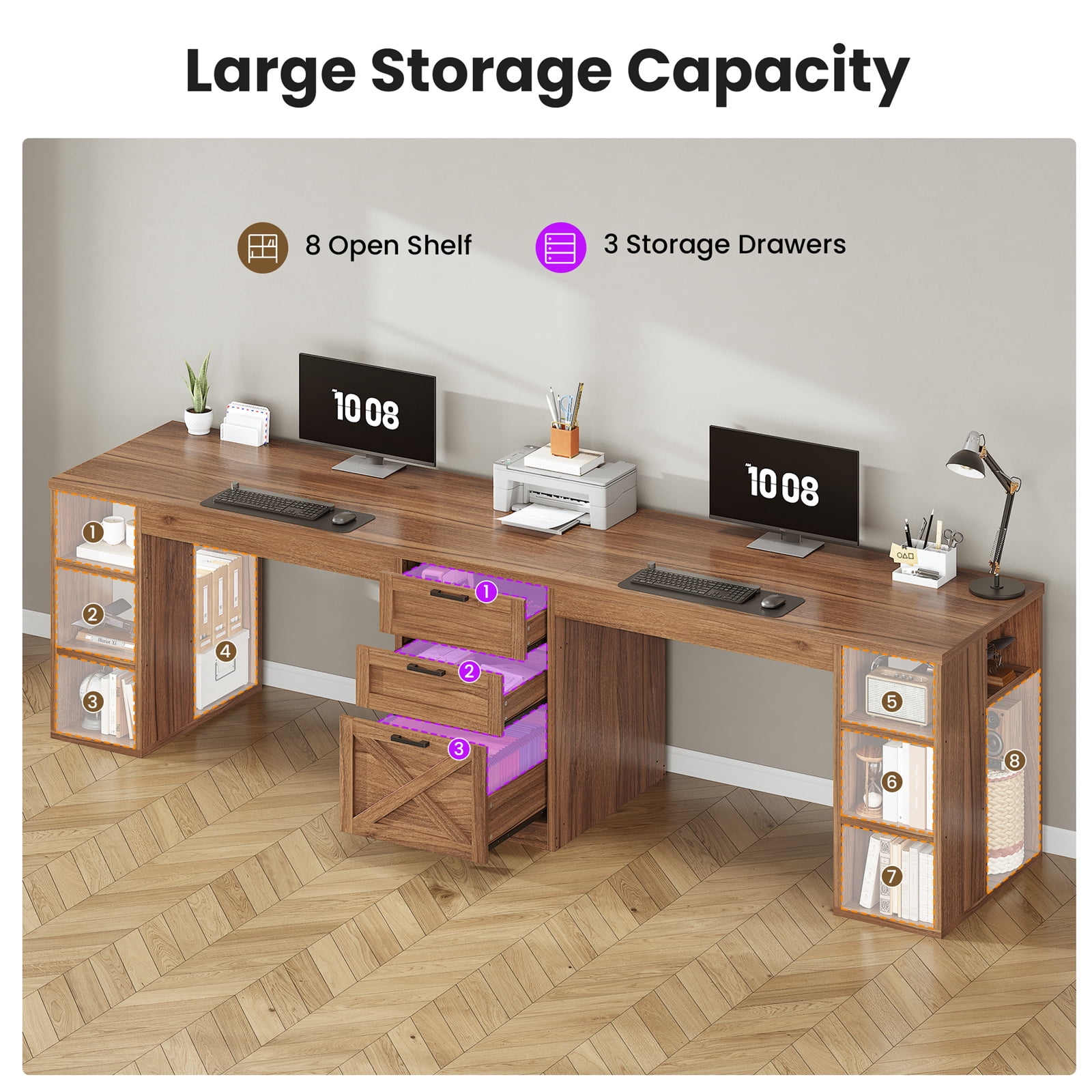 SEDETA 96.5 Inch 2 Person Desk with Storage, Farmhouse Double Desk with Drawers and Open Shelves, Home Office Desk with Printer Stand and File Drawer, Rustic Brown
