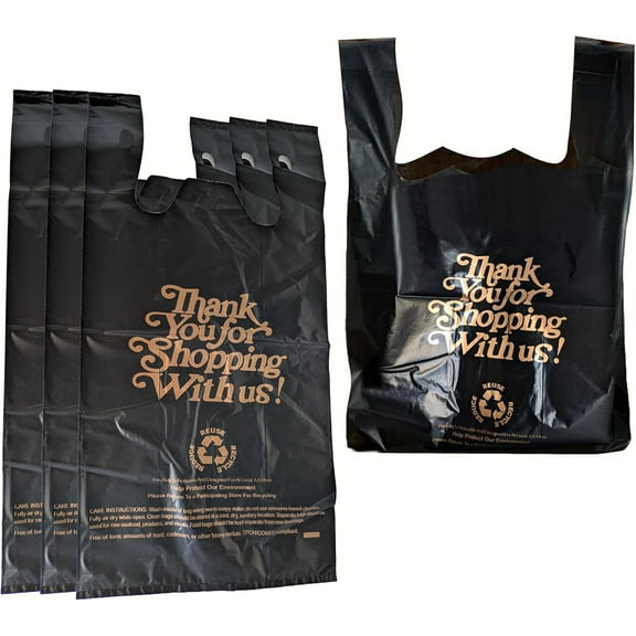 EcoQuality 1/8 Medium Size 10x5x18 Inch Thank You Printed Black Plastic Shopping Bags for Grocery, Takeout, Stores, Retail, Convenience Store Use Durable and Tear Resistant Bulk Bags (1000)