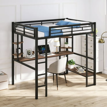 MODERNLUXE Metal Full Size Loft Bed with Desk and Shelves, Black