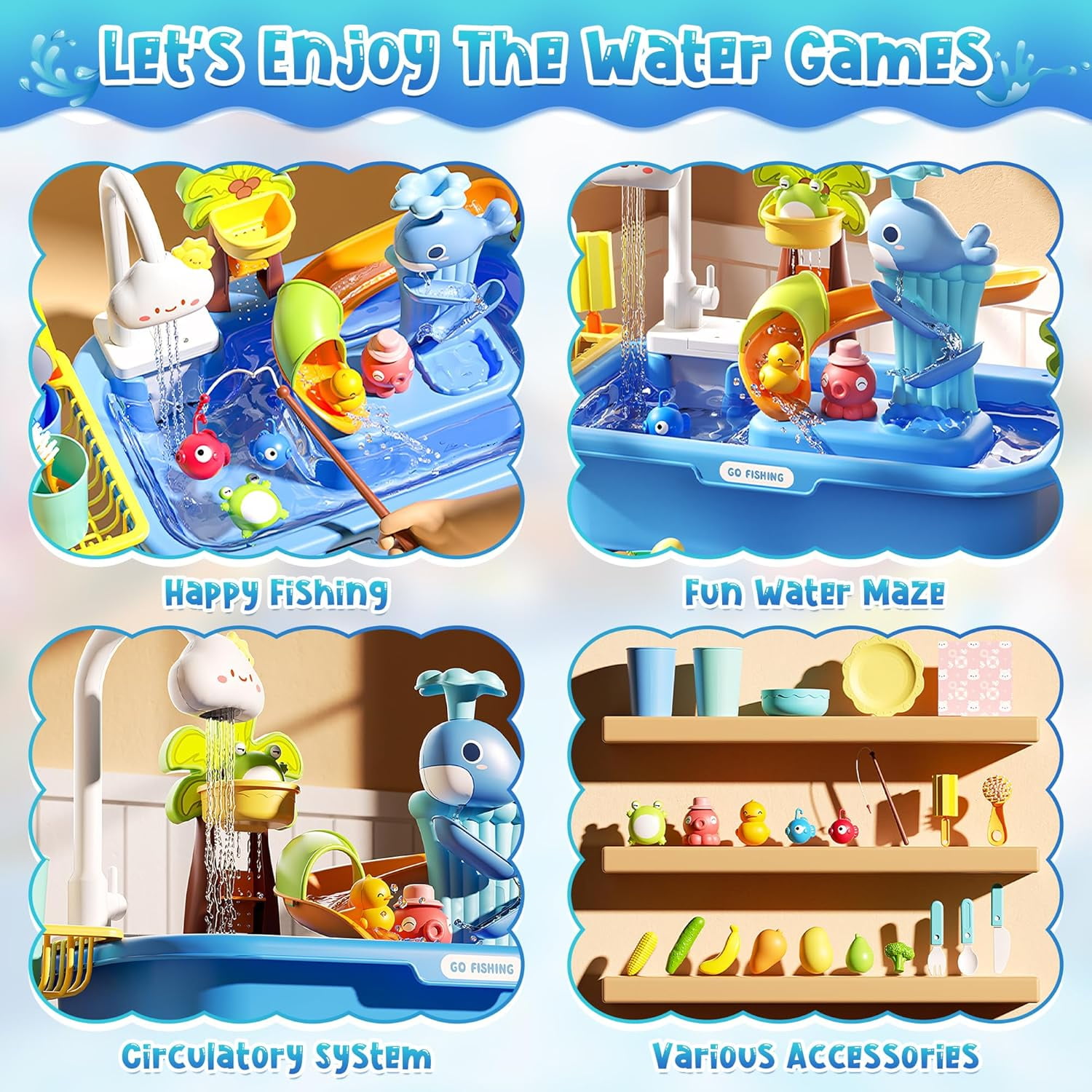 LINXUXIE 4-in-1 Toddler Sand Water Table, Kitchen Play Sink Toys with Electric Water Pump, Birthday Gifts for Kids 3-5 5-8 Year Old