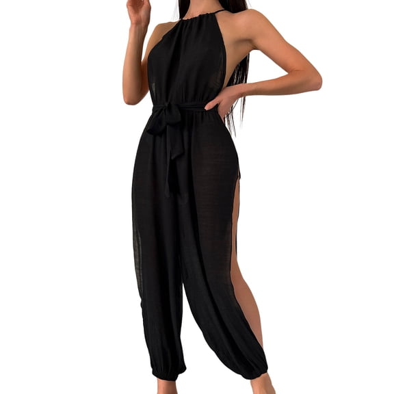 Baqcunre Jumpsuits for Women Women's Sleeveless Beach Coverup Solid Color Versatile Strap Fashion Slim Fit Jumpsuit Jumpsuits for Women Dressy One Piece Jumpsuits for Women
