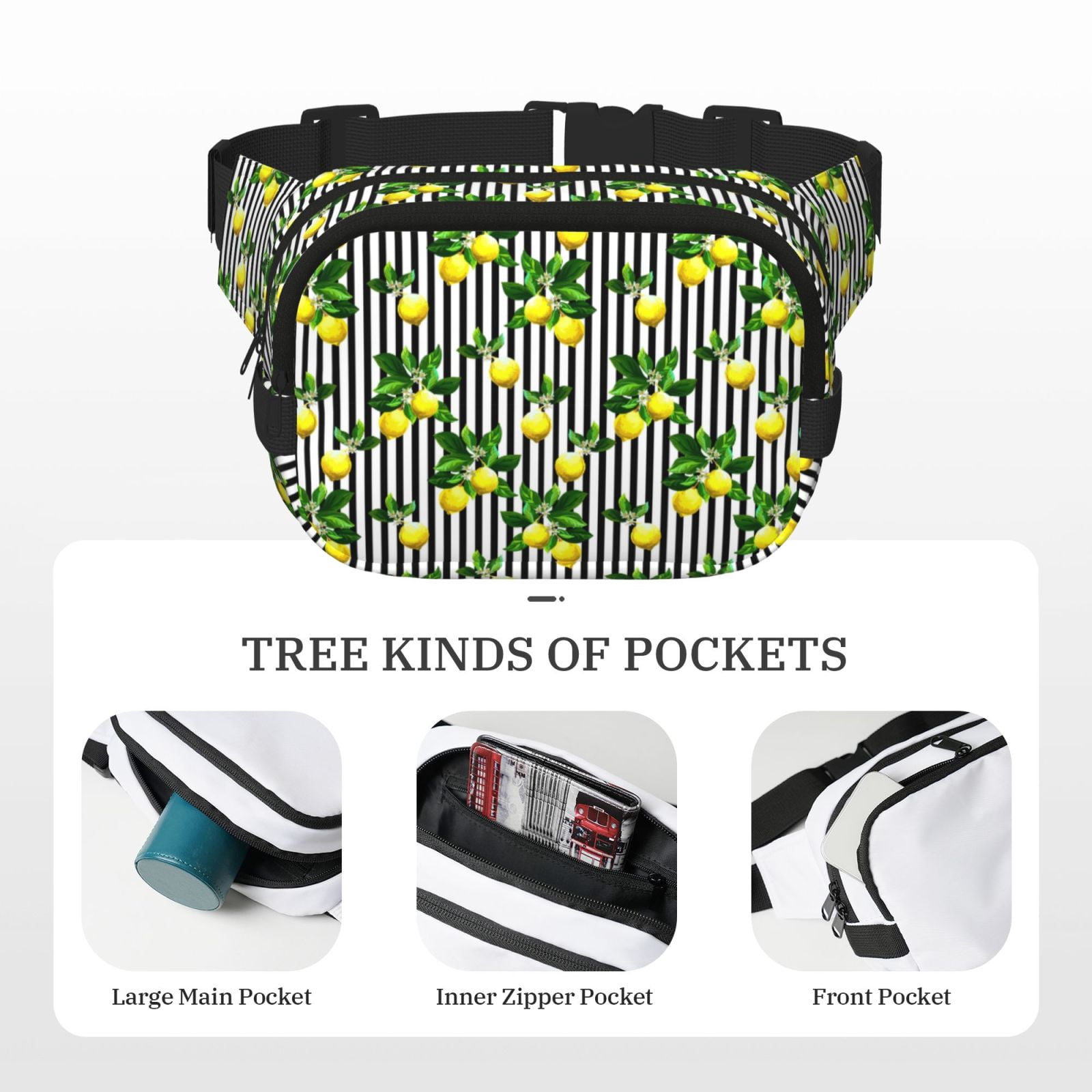 Fuzoiu Lemons on Striped Print Unisex Square Double Layer Waist Bag,Crossbody Fanny Pack Travel Workout Accessory