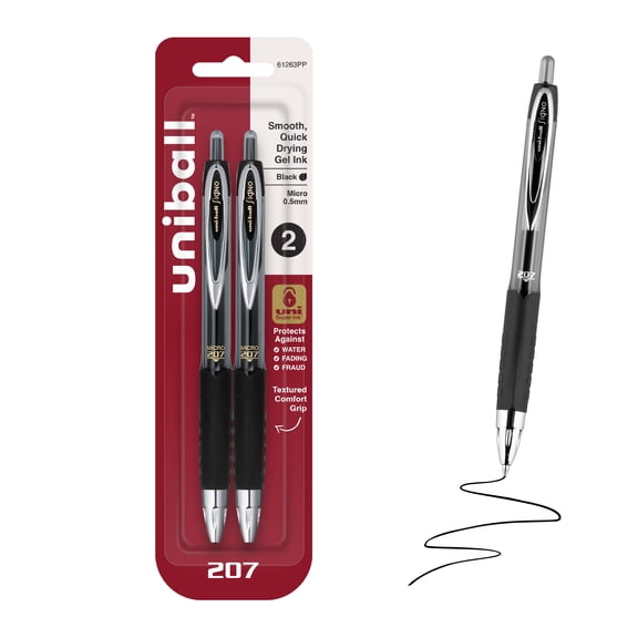 uniball™ 207 Retractable Gel Pens, Micro Point, 0.5mm, Black Ink, 2 Count