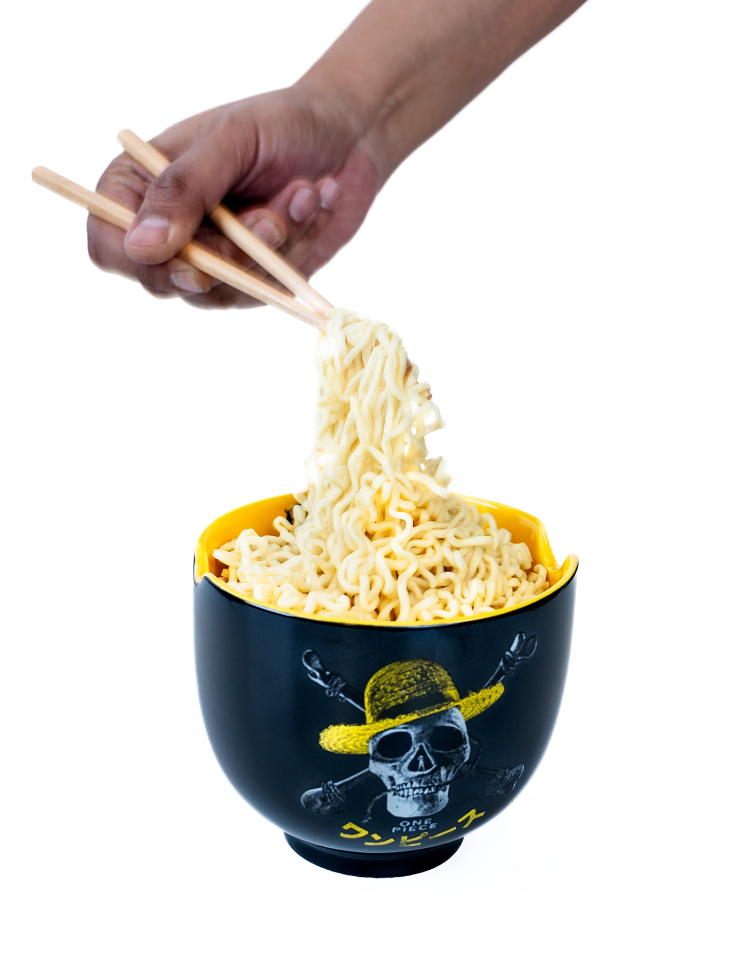 One Piece, Ceramic Noodle Bowl Set with Chopsticks, Black and Yellow