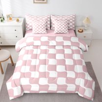 Homewish Geometric Plaid Grid Bedding Comforter Set 7pcs for Kids Teens,Pink White Queen Bedding Sets Super Cozy,Mid Century Queen Sheet Sets,Breathable Home Decor,Reversible
