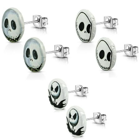 3 Pairs of New 10mm Stainless Steel 2 tone Jack Skellington Stud Earrings Pairs