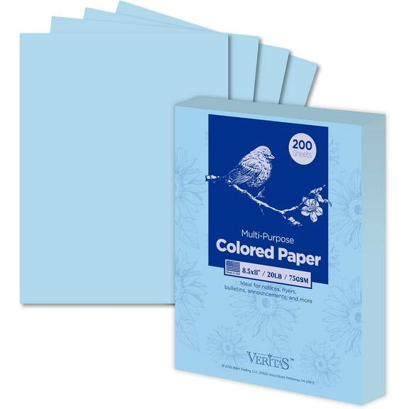 Veritas Color Copy Paper,Multi-Purpose paper,Colored Printer Paper 8.5” x 11”, 20 lb / 75 GSM,Blue,200 Sheets (1 Reams),Made in USA