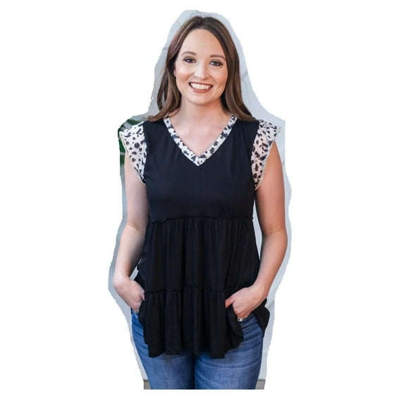 Womens Tank Top Leopard Cheetah Cap Sleeve Babydoll Shirt Blouse Black