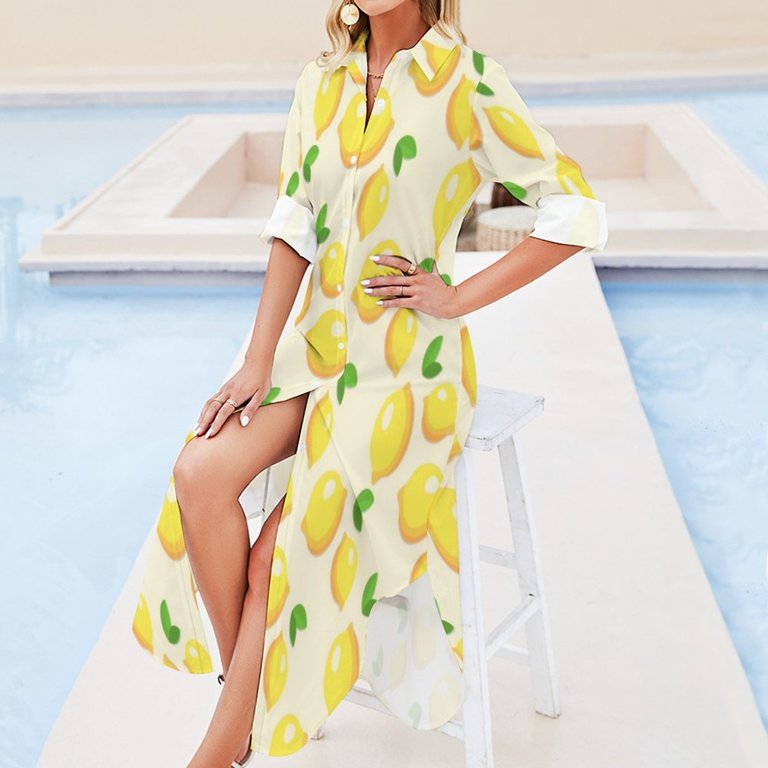 knee length dresses for ladies Lemon Print Long Sleeve Plunge Ruched Midi Dress