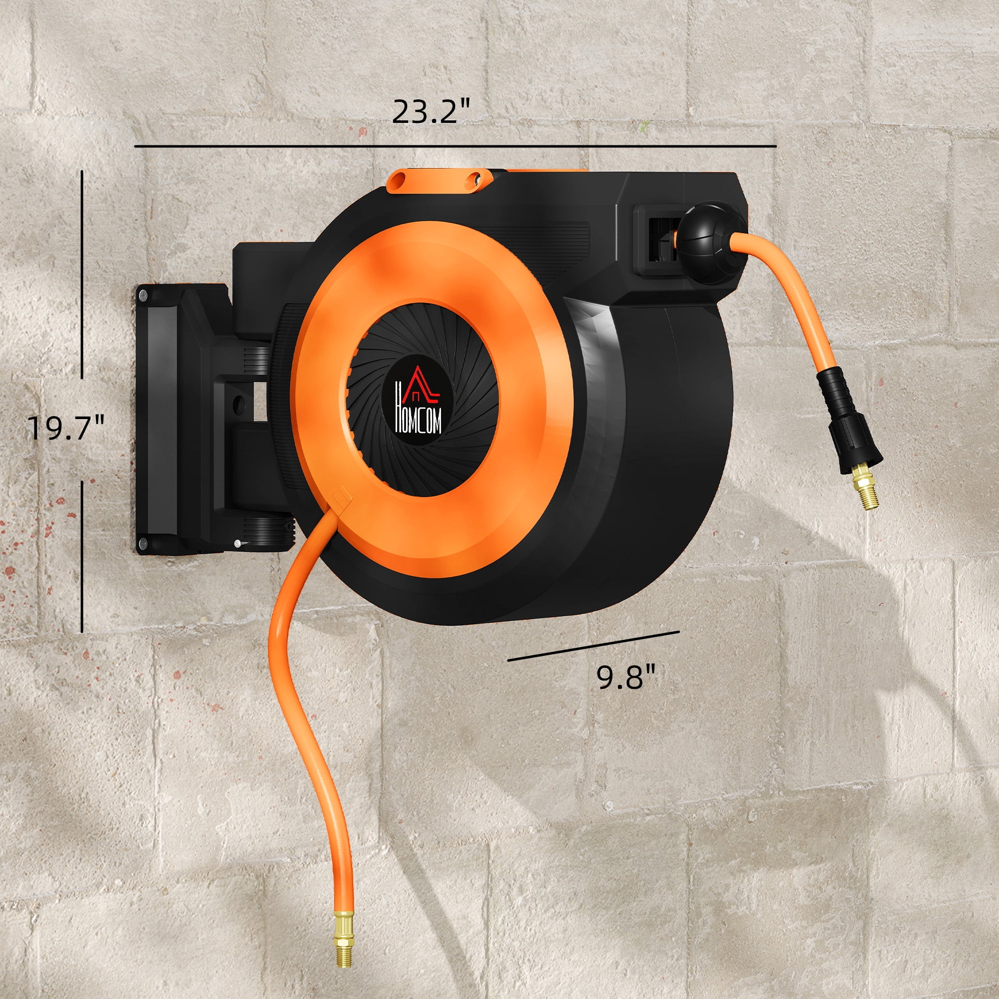 HOMCOM Retractable Air Hose Reel, Auto Rewind Air Compressor Hose Reel with Swivel Bracket, 3/8 in x 98 ft, 6.6 ft Lead in, 300 PSI, Black and Orange