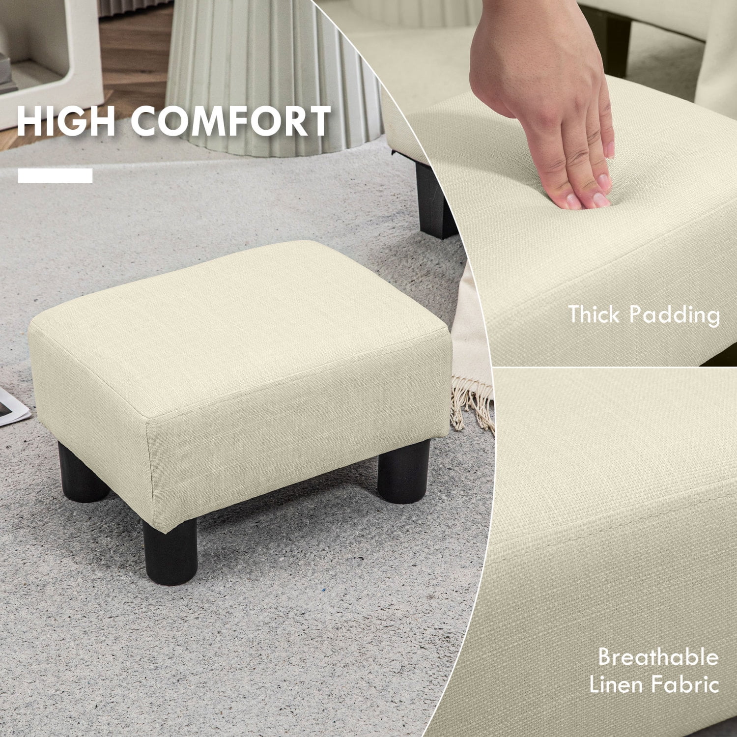 Cube Ottoman, Beige Linen Fabric Footrest for Living Room, Extra Seat