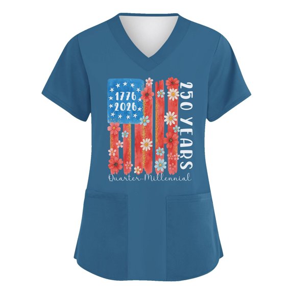 America 250 Scrub Tops for Women Usa Flag Print 1776-2026 Short Sleeve Nursing Uniforms V Neck Moisture Wicking Classic Fit Daily Wear Shirts with Pockets, #01 Royal Blue, 5XL
