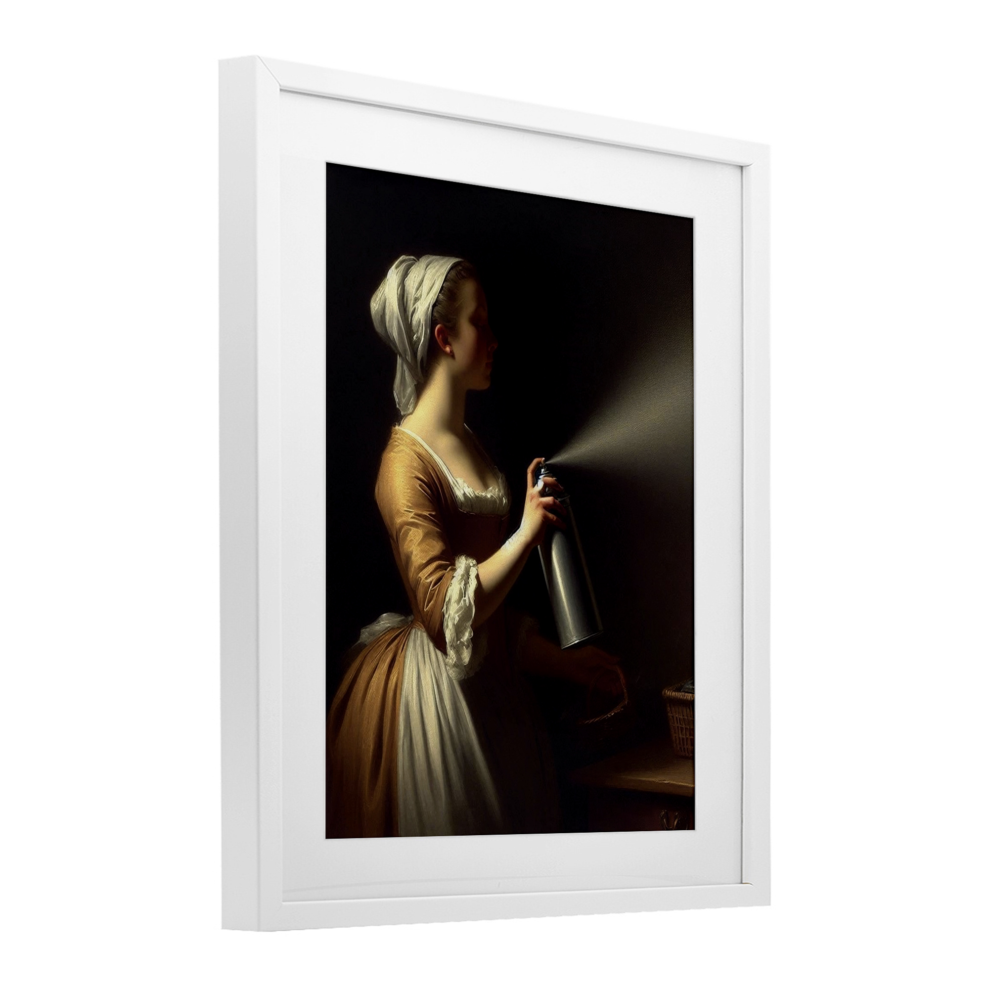 Funny Vintage Lady & Spray Paint White Framed Print Under Glass, design by Lettered and Lined