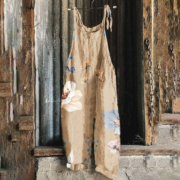 ICHUANYI Clearance Women Ladies Printed Summer Sleeveless Backless Loose Long Playsuits Rompers Jumpsuit(Khaki, XL) Ichaunyi WER2023080815181