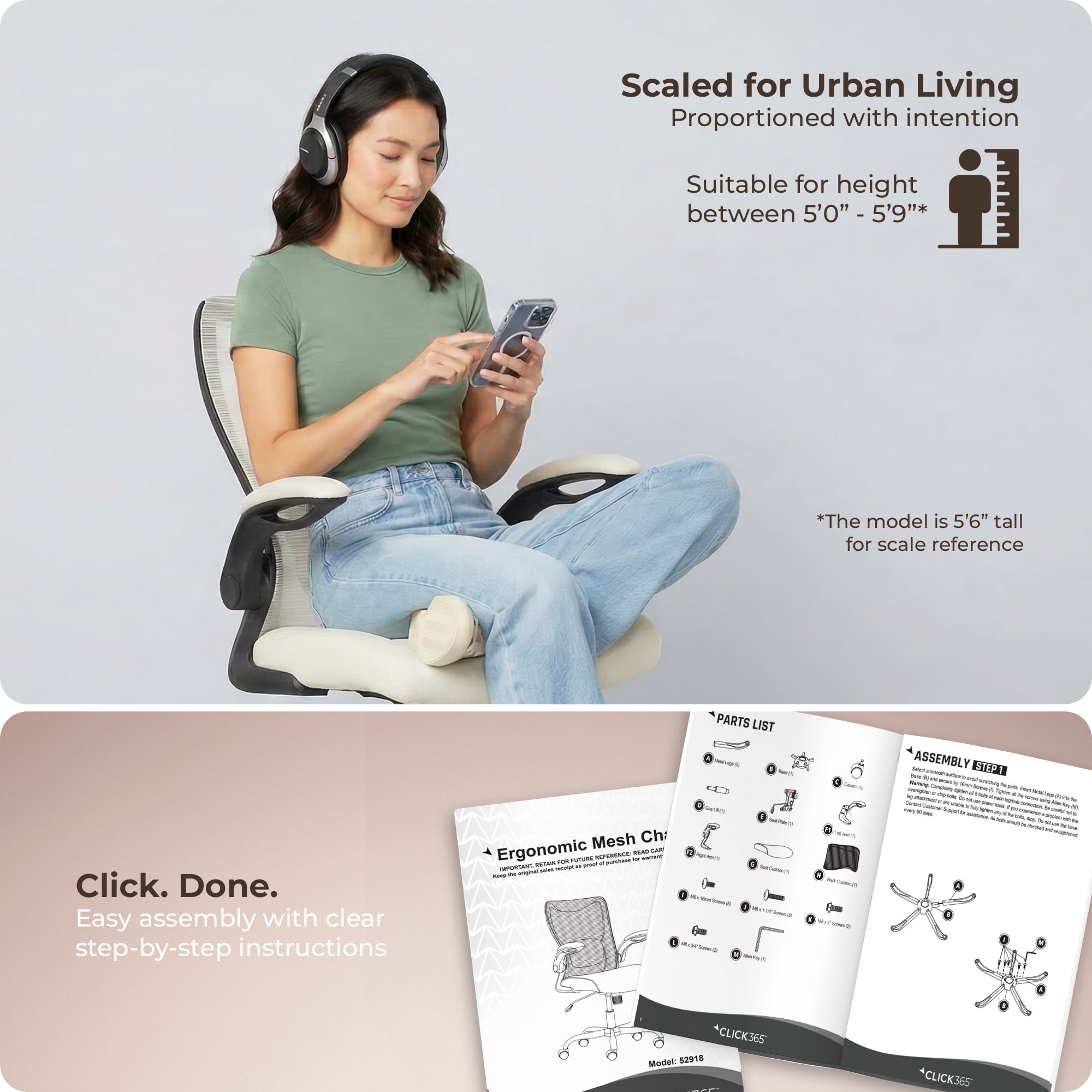 Click365 Adult Mesh High Back Indoor Commercial Ergonomic and Adjustable Lumbar Support Office Chairs, Hardware Kit, Beige