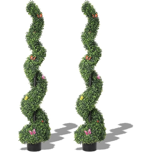 5 Ft Artificial Boxwood Spiral Topiary Trees, Artificial Plants Outdoor Front Porch with 7 Pcs Decor, Spiral Faux Topiary Trees for Home Office, Indoor, Garden (2 Pcs)