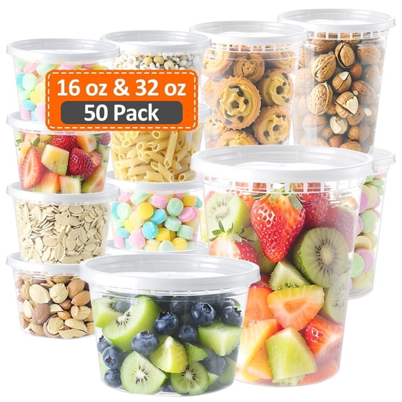 BagDream 50 Sets 16oz/32oz Each Size Food Storage Containers with Lids, Plastic Deli Containers, Meal Prep Containers, Microwave and Freezer Safe, Stackable, Leakproof, BPA Free, Clear