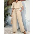 thumbnail image 5 of Womens V Neck Two Piece Set Short Sleeve Top and Casual Long Pants Fashion Slimming Outfit Khaki L, 5 of 7