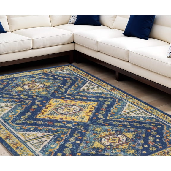 9' X 12' Blue and Yellow Geometric Power Loom Area Rug