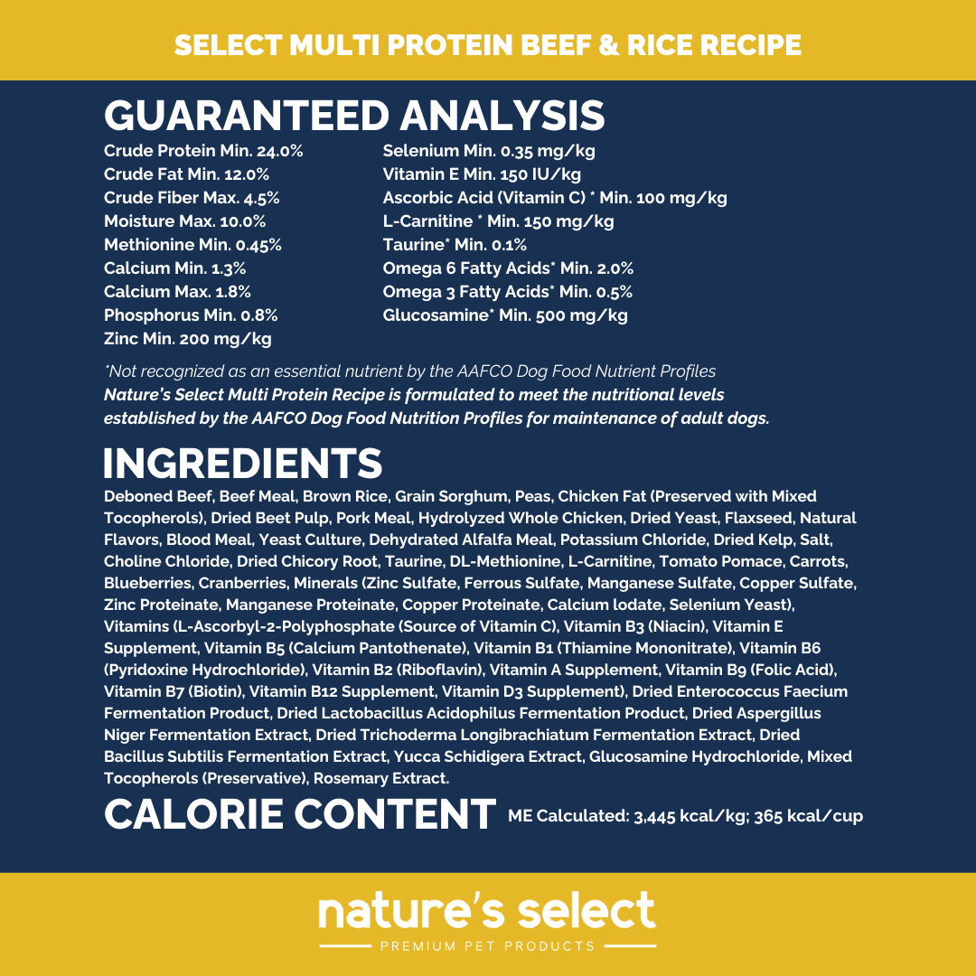 Nature's Select Multi Protein Beef & Rice Recipe, Dry Dog Food for Adults (28 lbs)