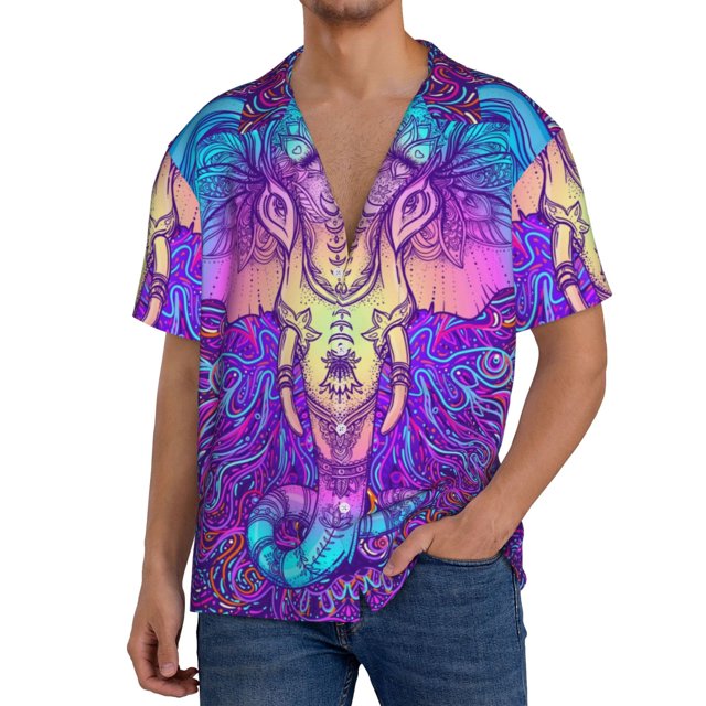 Fotbe Elephant in Tribal Style Camisa Estampada de Manga Corta para Hombre, Casual de Verano, Estilo Playero, Sin Arrugas-XX-Large