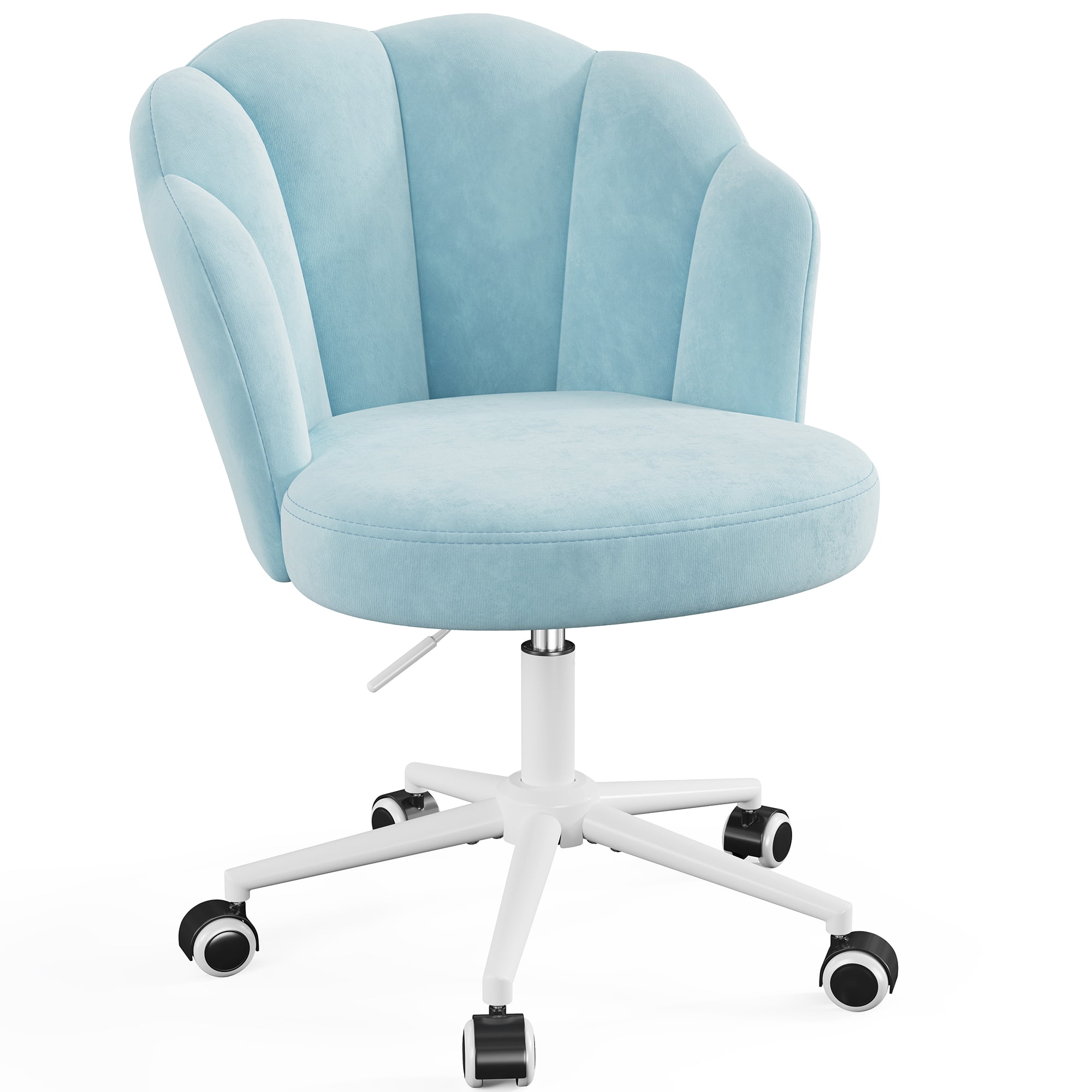Romorgniz Velvet Vanity Chair with Petal Backrest Height Adjustable Desk Chair with Wheels Seashell Makeup Chair for Bedroom, Blue