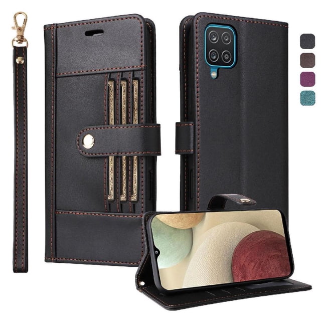 FOXDOCK Funda tipo Cartera para Samsung Galaxy A12/M12 – Cubierta de Cuero PU con Múltiples Ranuras, Bolsillo para Efectivo y Correa de Muñeca